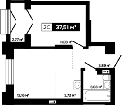 Планировка 2е-к.кв 34.74 м² в ЖК «Платина»
