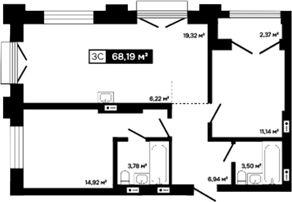 Планировка 3е-к.кв 65.82 м² в ЖК «Платина»