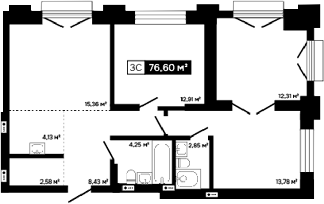Планировка 3е-к.кв 64.29 м² в ЖК «Платина»