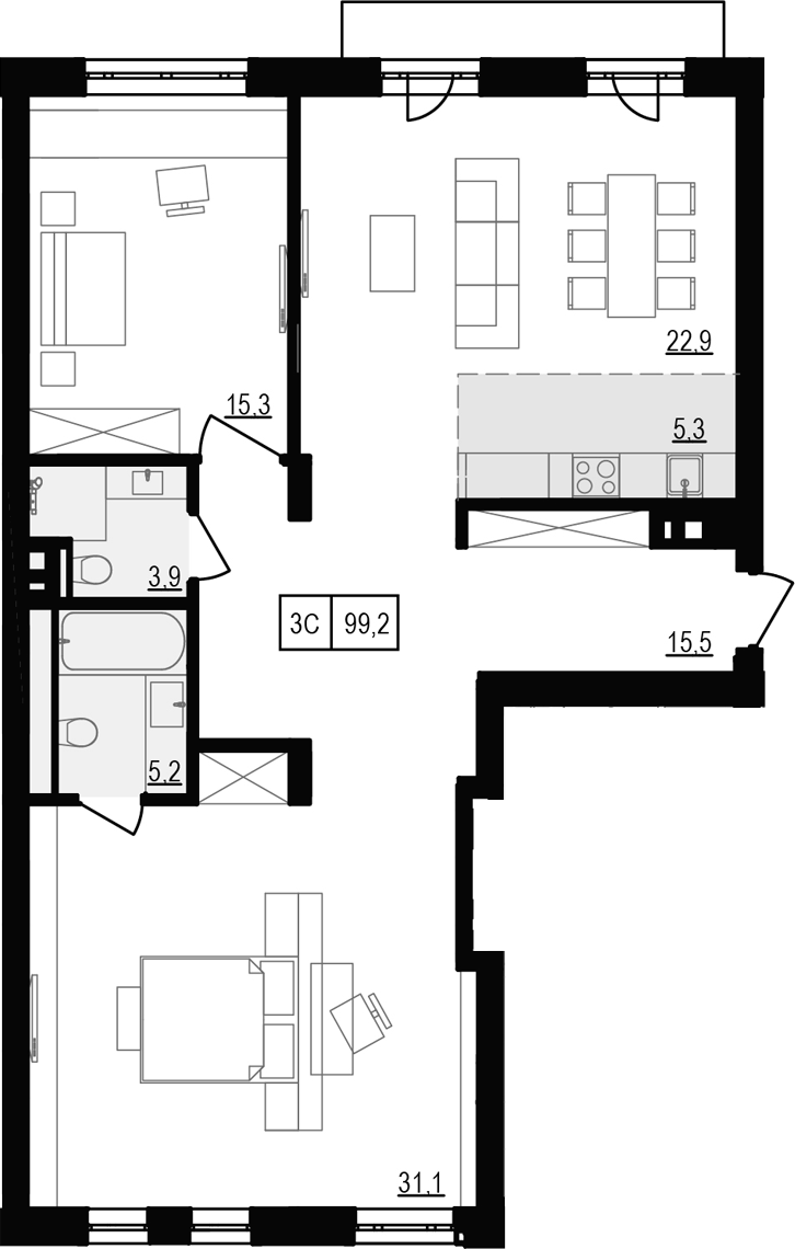 Планировка 3е-к.кв 100.47 м² в ЖК «Жуковка»