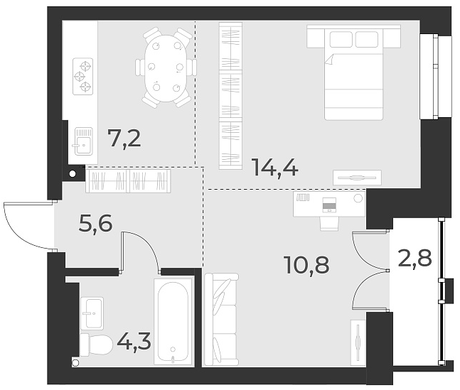 Планировка 2-к.кв 42.30 м² в ЖК «Русское солнце»