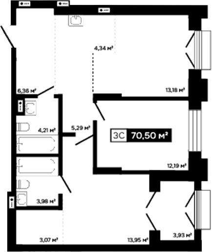 Планировка 3е-к.кв 66.57 м² в ЖК «Платина»