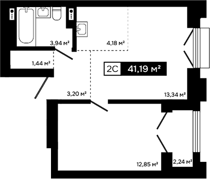 Планировка 2е-к.кв 38.95 м² в ЖК «Платина»