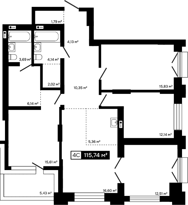Планировка 4е-к.кв 97.80 м² в ЖК «Платина»