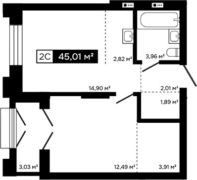 Планировка 2е-к.кв 41.98 м² в ЖК «Платина»