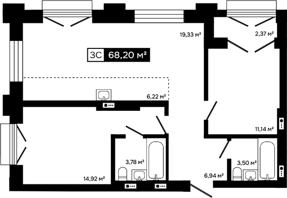 Планировка 3е-к.кв 65.83 м² в ЖК «Платина»