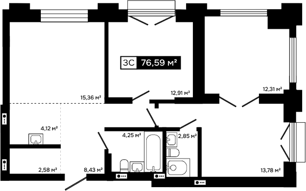 Планировка 3е-к. квартира 64.28 м² в ЖК «Платина»