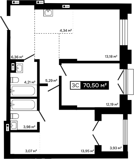 Планировка 3е-к.кв 66.57 м² в ЖК «Платина»
