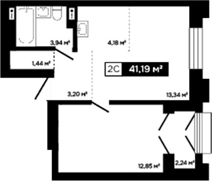 Планировка 2е-к. квартира 38.95 м² в ЖК «Платина»