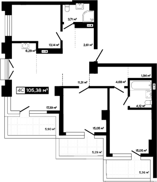 Планировка 4е-к.кв 88.83 м² в ЖК «Платина»