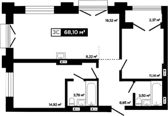 Планировка 3е-к.кв 65.73 м² в ЖК «Платина»