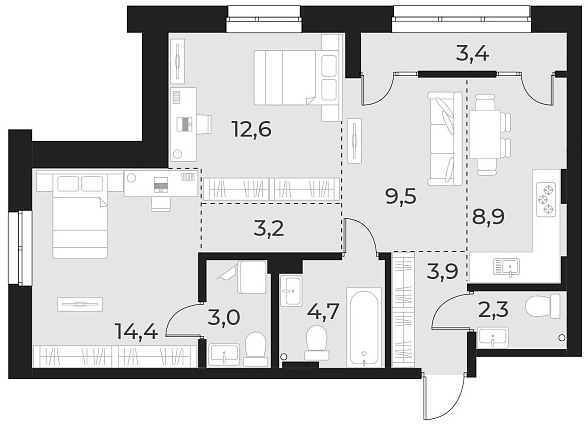 Планировка 3е-к. квартира 62.50 м² в ЖК «Русское солнце»
