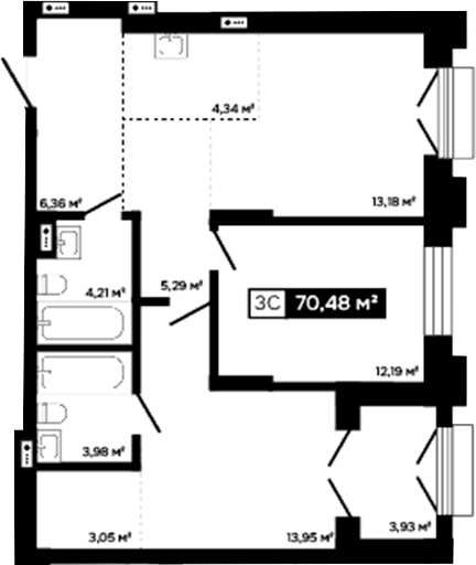 Планировка 3е-к.кв 66.55 м² в ЖК «Платина»