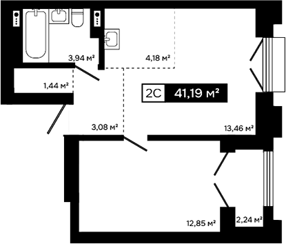 Планировка 2е-к.кв 38.95 м² в ЖК «Платина»