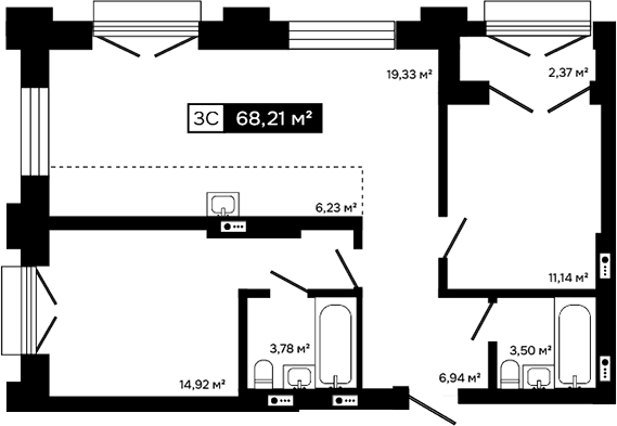 Планировка 3е-к. квартира 65.84 м² в ЖК «Платина»