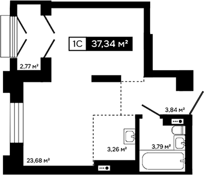 Планировка студии 34.57 м² в ЖК «Платина»