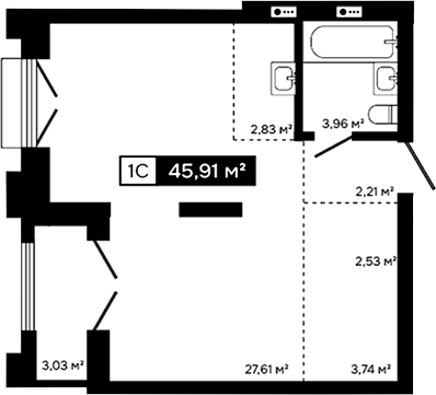 Планировка студии 42.88 м² в ЖК «Платина»