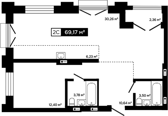 Планировка 2е-к. квартира 66.81 м² в ЖК «Платина»