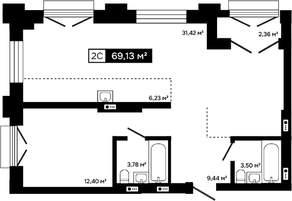 Планировка 2е-к.кв 66.77 м² в ЖК «Платина»
