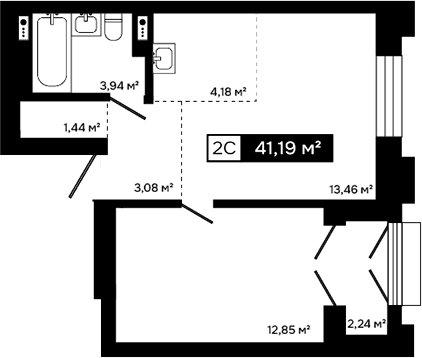 Планировка 2е-к.кв 38.95 м² в ЖК «Платина»