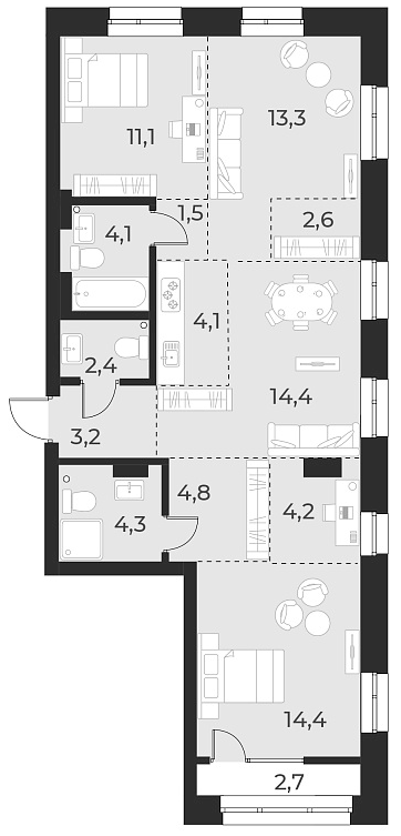 Планировка 4е-к.кв 84.40 м² в ЖК «Русское солнце»