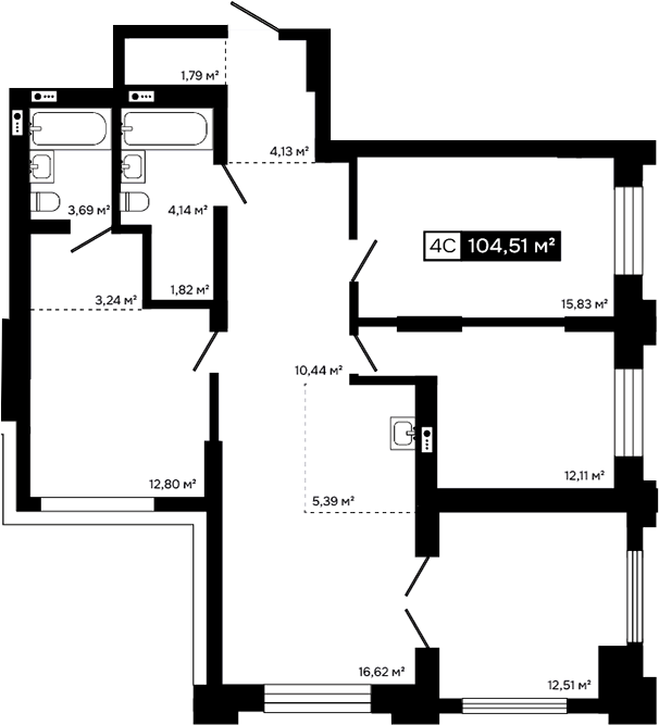 Планировка 4е-к.кв 92.00 м² в ЖК «Платина»