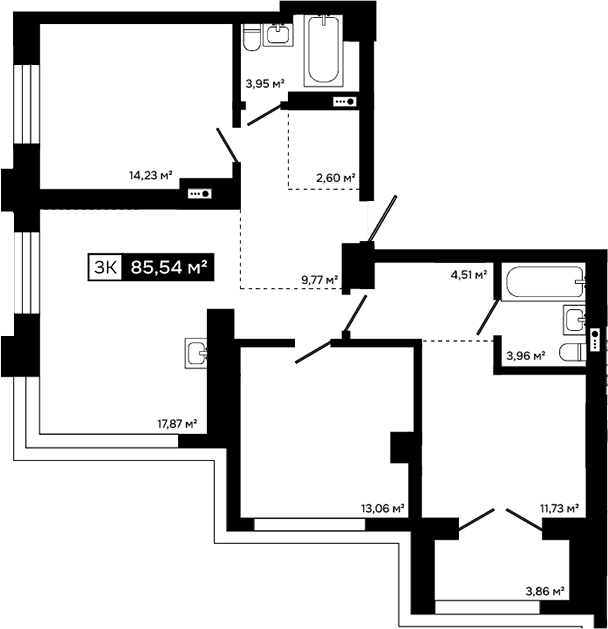 Планировка 3-к. квартира 81.68 м² в ЖК «Платина»