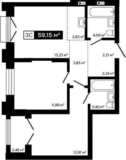 Планировка 3е-к. квартира 56.67 м² в ЖК «Платина»
