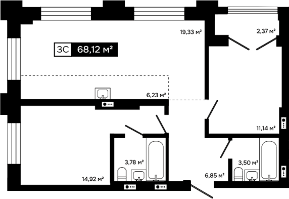 Планировка 3е-к.кв 65.75 м² в ЖК «Платина»