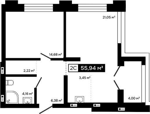 Планировка 2е-к.кв 51.94 м² в ЖК «Платина»