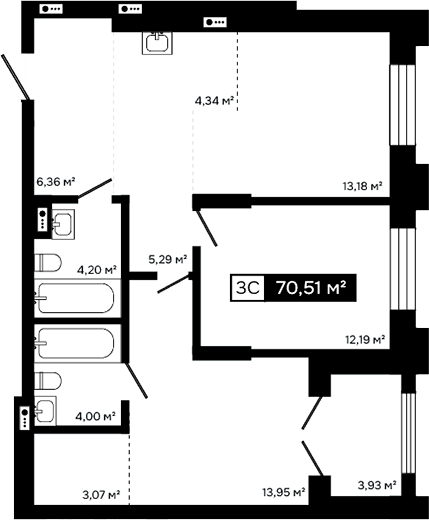 Планировка 3е-к.кв 66.58 м² в ЖК «Платина»