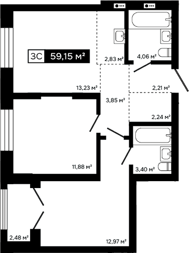 Планировка 3е-к.кв 56.67 м² в ЖК «Платина»