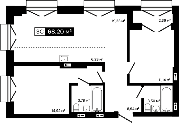 Планировка 3е-к.кв 65.84 м² в ЖК «Платина»