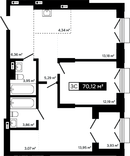 Планировка 3е-к.кв 66.19 м² в ЖК «Платина»