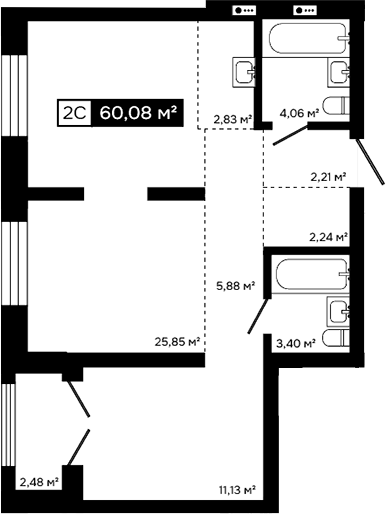 Планировка 2е-к.кв 57.60 м² в ЖК «Платина»