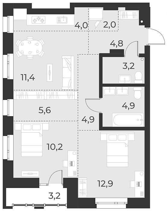 Планировка 3е-к. квартира 63.90 м² в ЖК «Русское солнце»