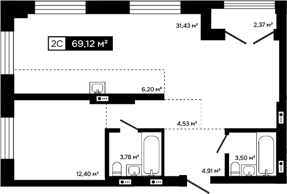 Планировка 2е-к.кв 66.75 м² в ЖК «Платина»