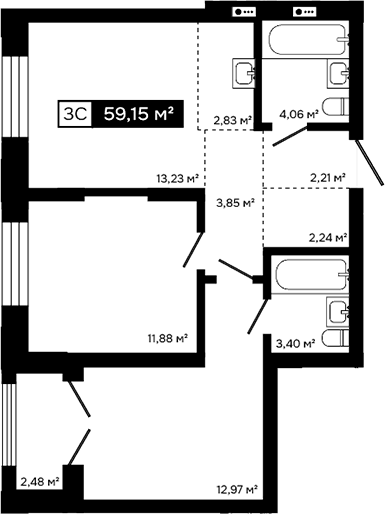 Планировка 3е-к.кв 56.67 м² в ЖК «Платина»