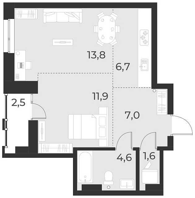 Планировка 2е-к.кв 45.60 м² в ЖК «Русское солнце»