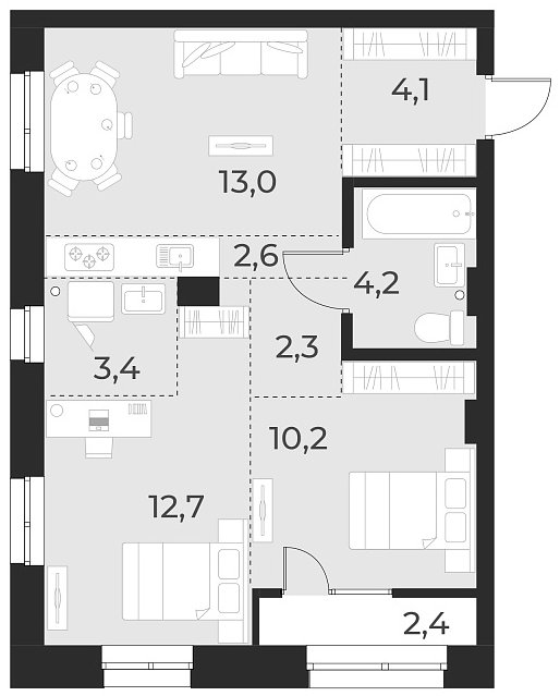 Планировка 3е-к. квартира 52.50 м² в ЖК «Русское солнце»