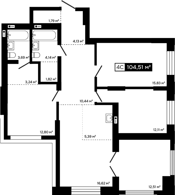 Планировка 5е-к. квартира 104.54 м² в ЖК «Платина»