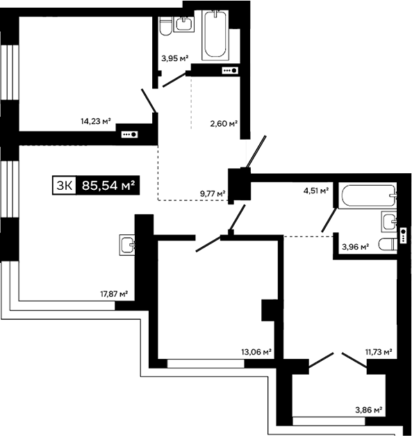 Планировка 3-к. квартира 81.68 м² в ЖК «Платина»