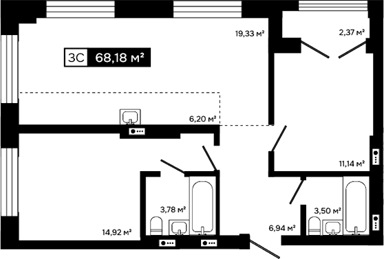 Планировка 3е-к. квартира 65.81 м² в ЖК «Платина»