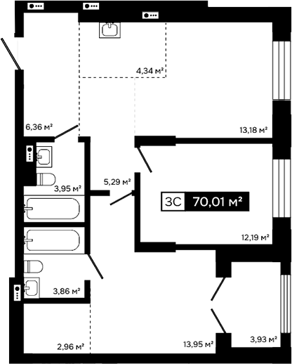 Планировка 3е-к. квартира 66.08 м² в ЖК «Платина»