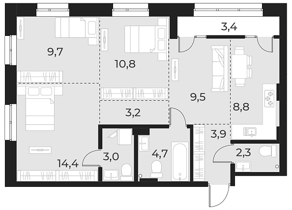 Планировка 4е-к. квартира 70.30 м² в ЖК «Русское солнце»