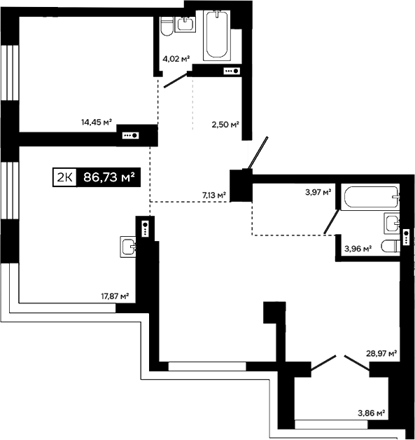 Планировка 2-к. квартира 82.87 м² в ЖК «Платина»