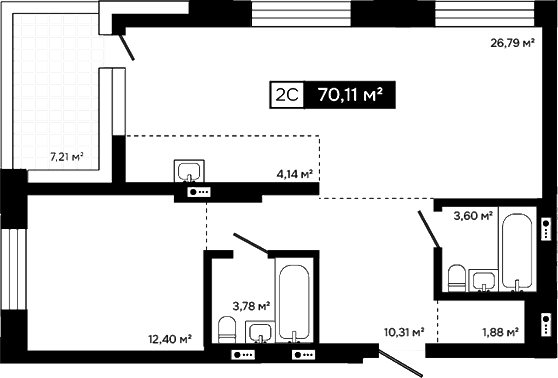 Планировка 2е-к.кв 62.90 м² в ЖК «Платина»