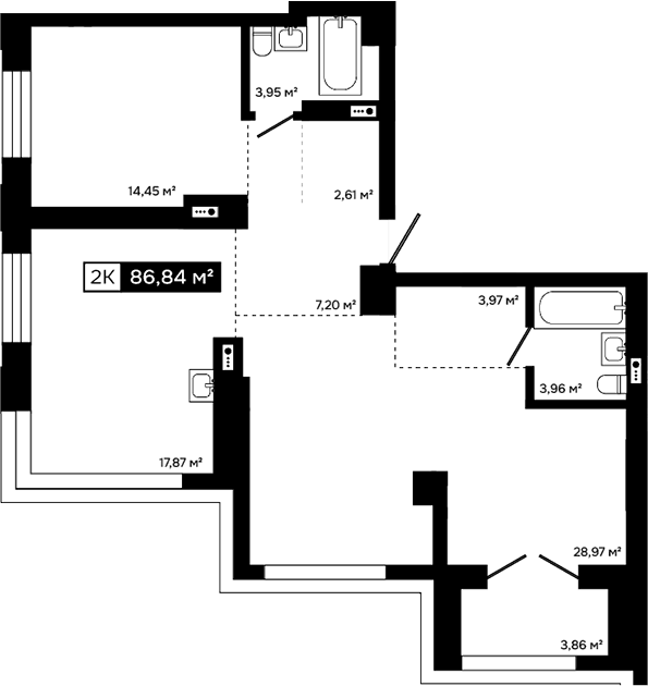 Планировка 2-к. квартира 82.98 м² в ЖК «Платина»