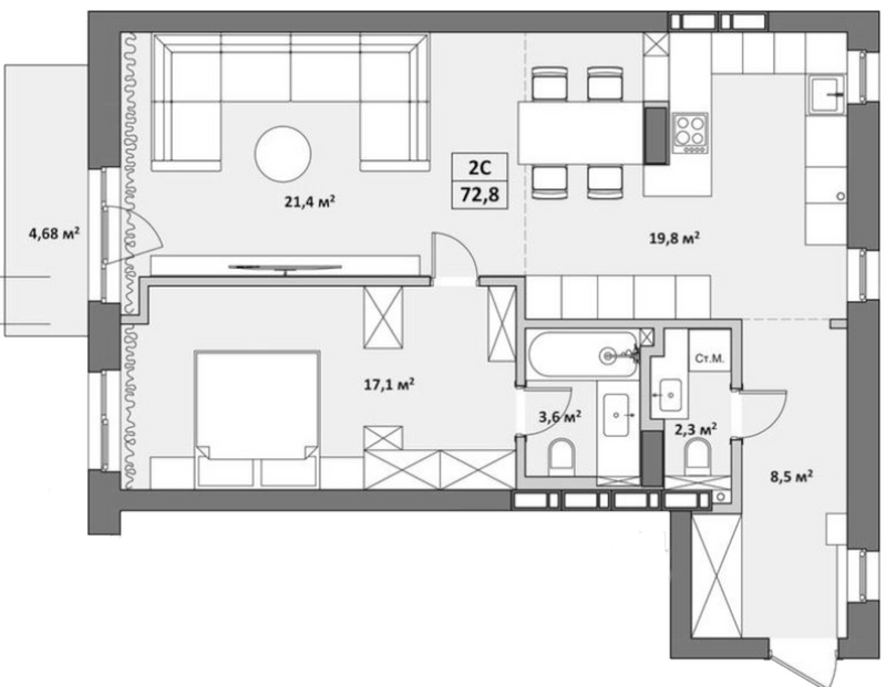 Планировка 3е-к.кв 76.10 м² в ЖК «Жуковка»