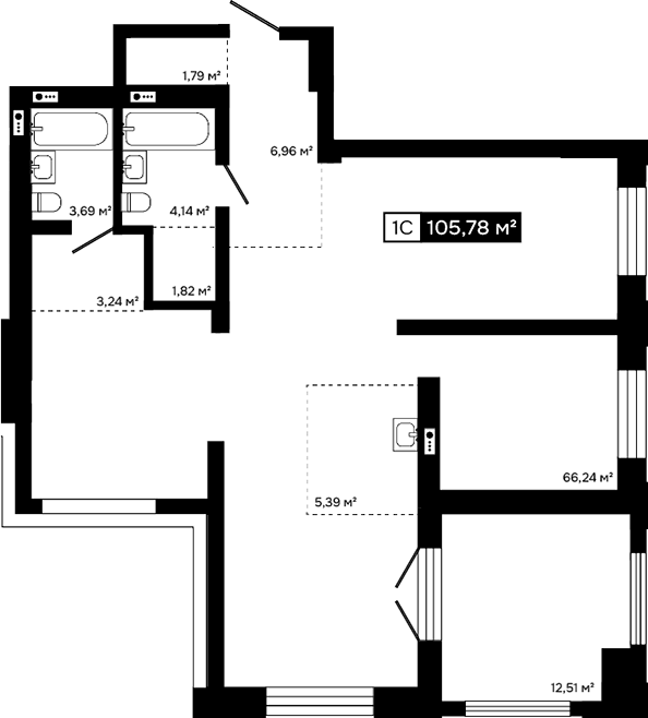 Планировка 2е-к. квартира 105.78 м² в ЖК «Платина»